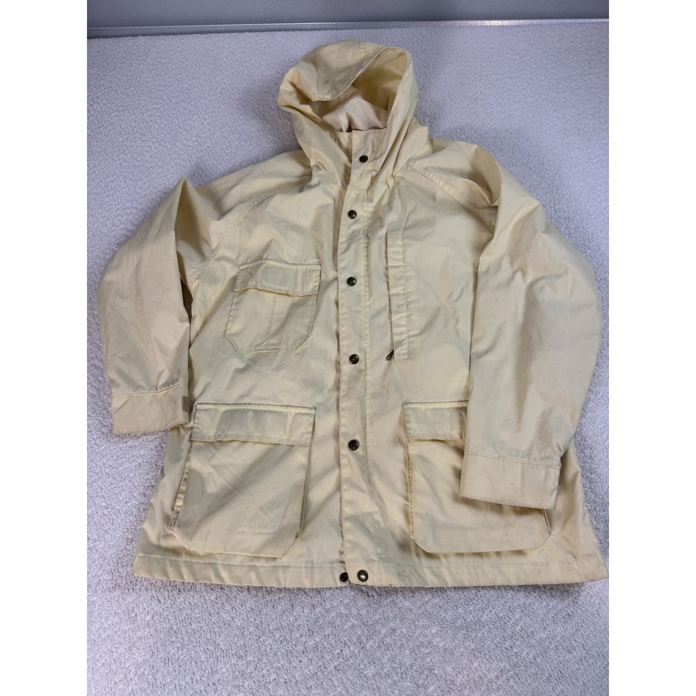 Vintage Woolrich Womens Hooded Rain Coat Jacket Snap Button Yellow‎ Cream L-XL